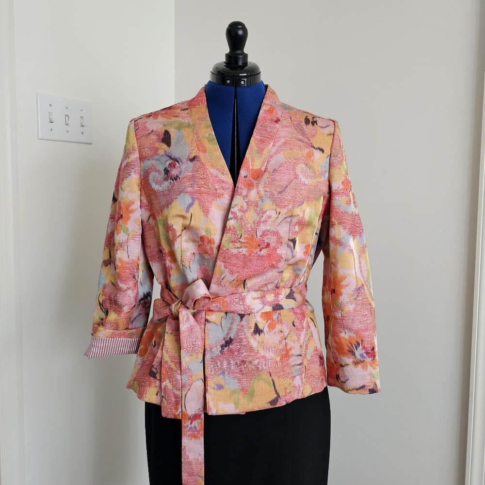 Banana Republic Romantic Floral Textured Jacquard Wrap Jacket Belted Kimono 10